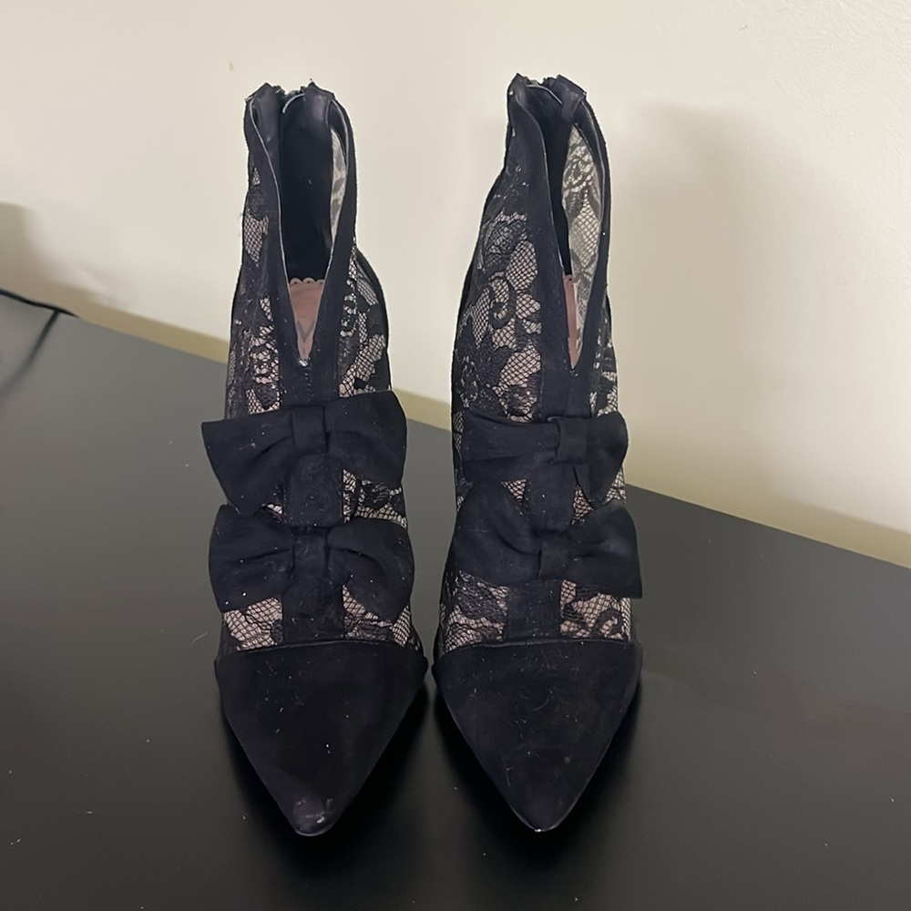 Madison by Shoedazzle Alanna high heel black suede lace booties back zip - Picture 7 of 11